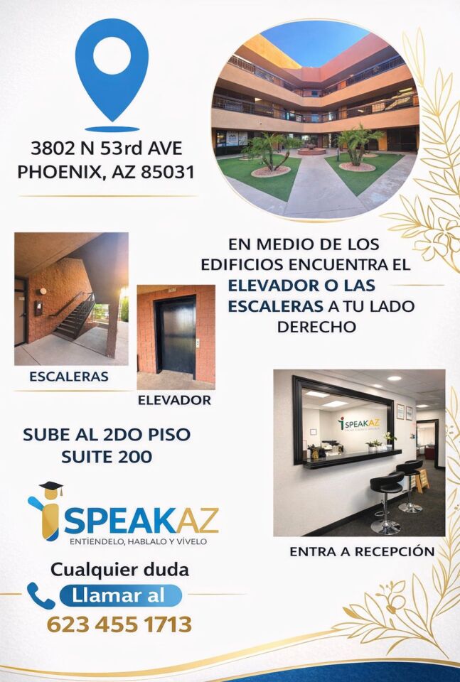 Imagen informativa de contacto con dirección, acceso al edificio y llegada a recepción de iSpeakAZ Academy en Phoenix, Arizona.