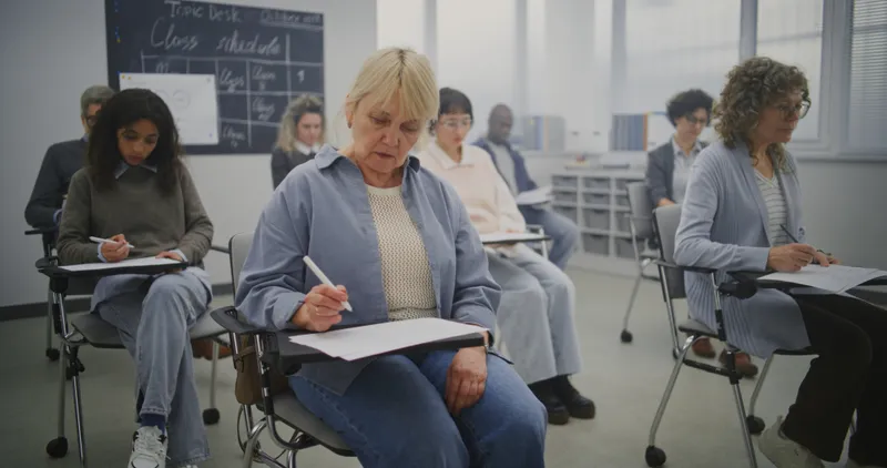 Mujer madura escribiendo en un escritorio en un aula llena de diversos estudiantes adultos aprendiendo ingles
