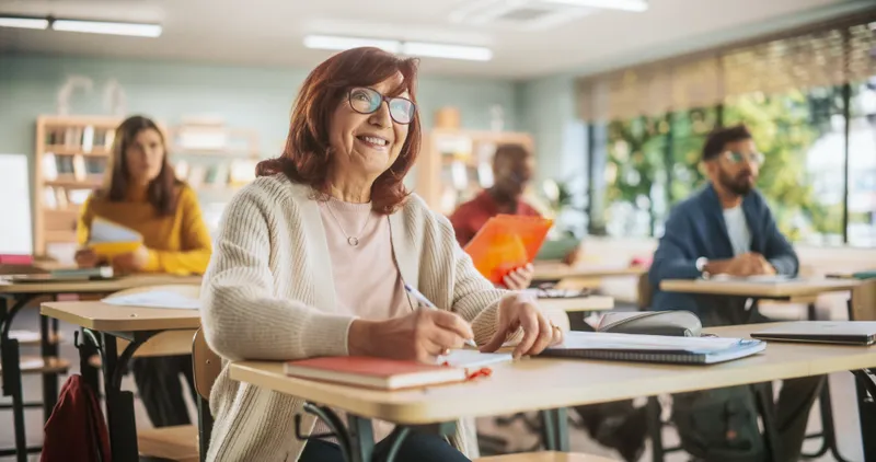 Mujer adulta sonriente tomando notas en una clase de ingles junto a otros estudiantes.